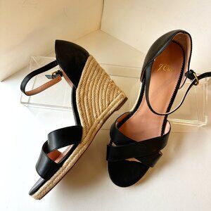 J CREW SZ11 BLACK LEATHER IRREG CROSS X STRAP WEDGE ESPADRILLE WOVEN HIGH HEEL